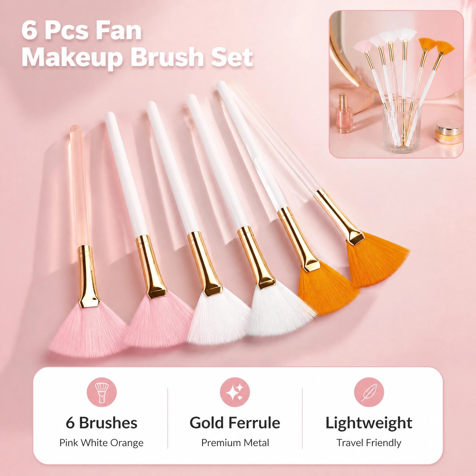 Fan Brush Set 6pcs — Soft Synthetic Bristles, Gold Ferrules, Multi-Color Handles for Versatile Application - Image 5