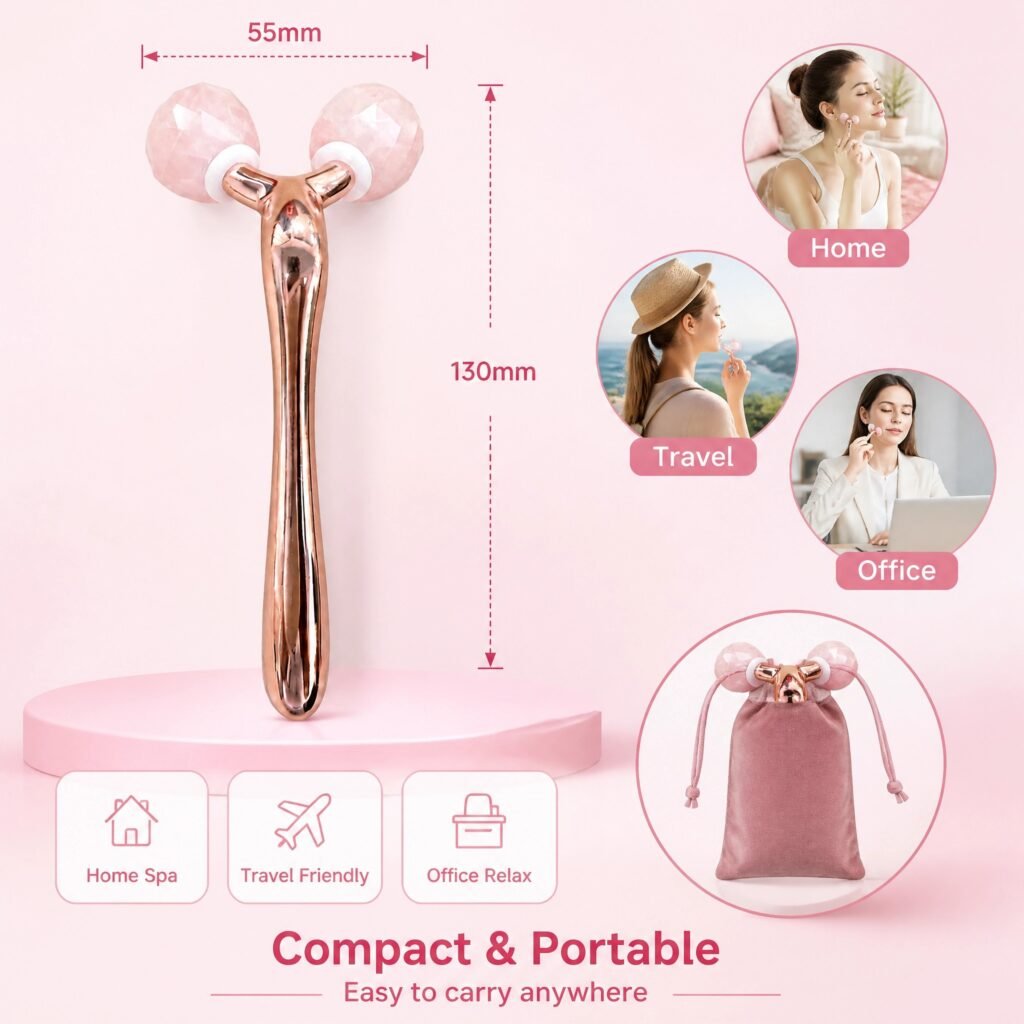Rose Quartz Facial Roller — Dual-Roller 3D Contouring Massage for Lifting, Brightening & Relaxation