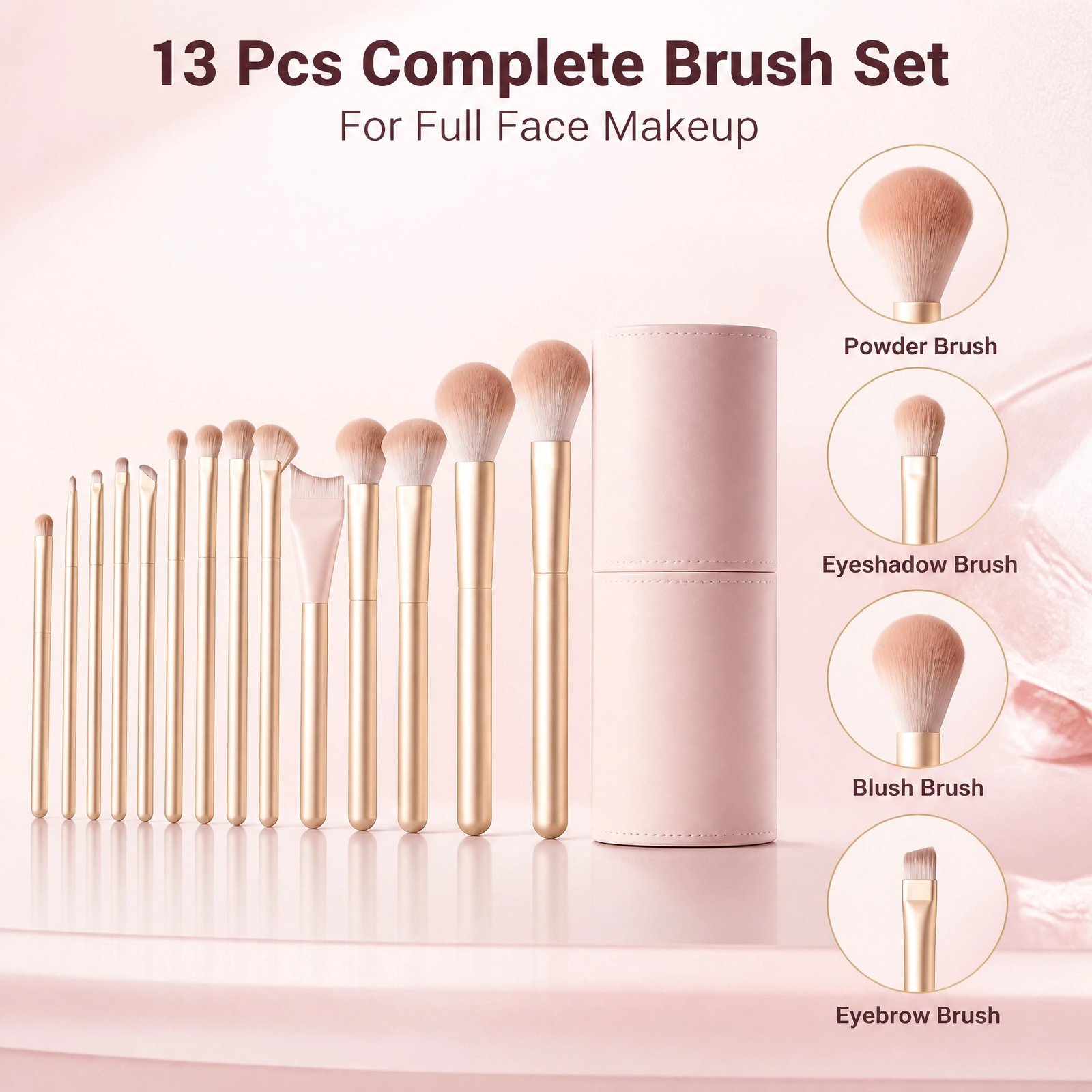 13Pcs Pink Makeup Brush Set with Storage Tube — Full-Face Kit, Soft & Gentle, Easy for Beginners - Image 4