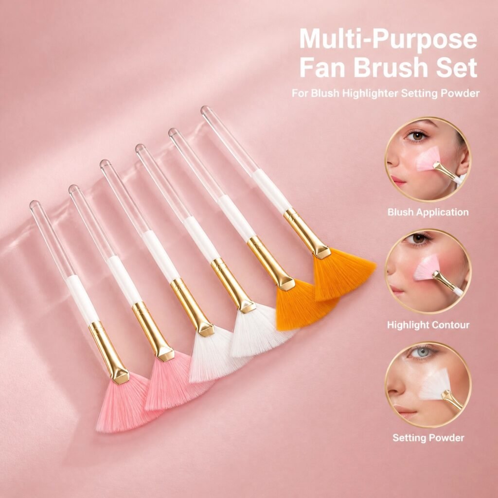Fan Brush Set 6pcs — Soft Synthetic Bristles, Gold Ferrules, Multi-Color Handles for Versatile Application