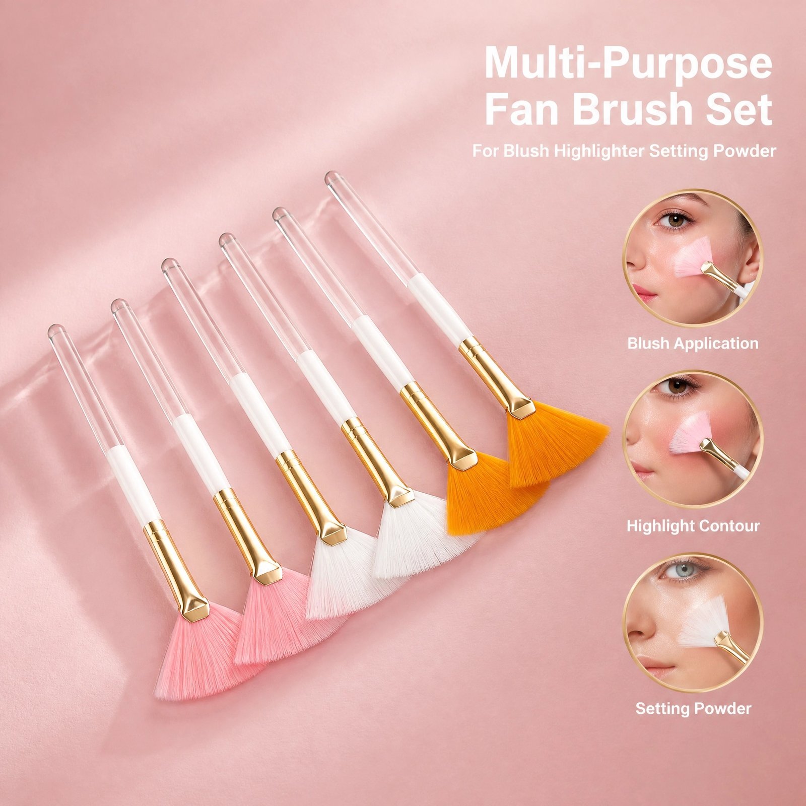 Fan Brush Set 6pcs — Soft Synthetic Bristles, Gold Ferrules, Multi-Color Handles for Versatile Application