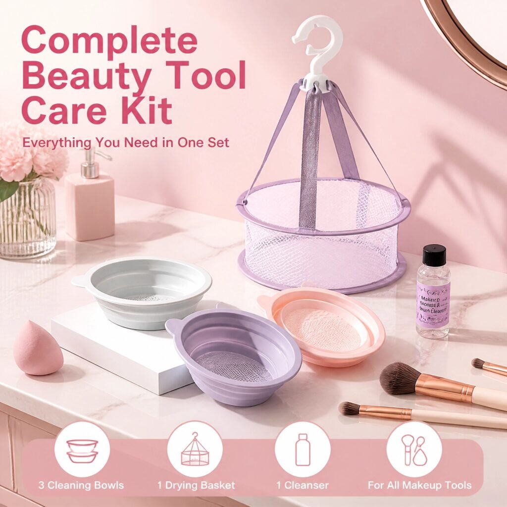 Makeup Brush & Sponge Cleaning Set — Silicone Foldable Bowl, Drying Rack & Gentle Cleanser