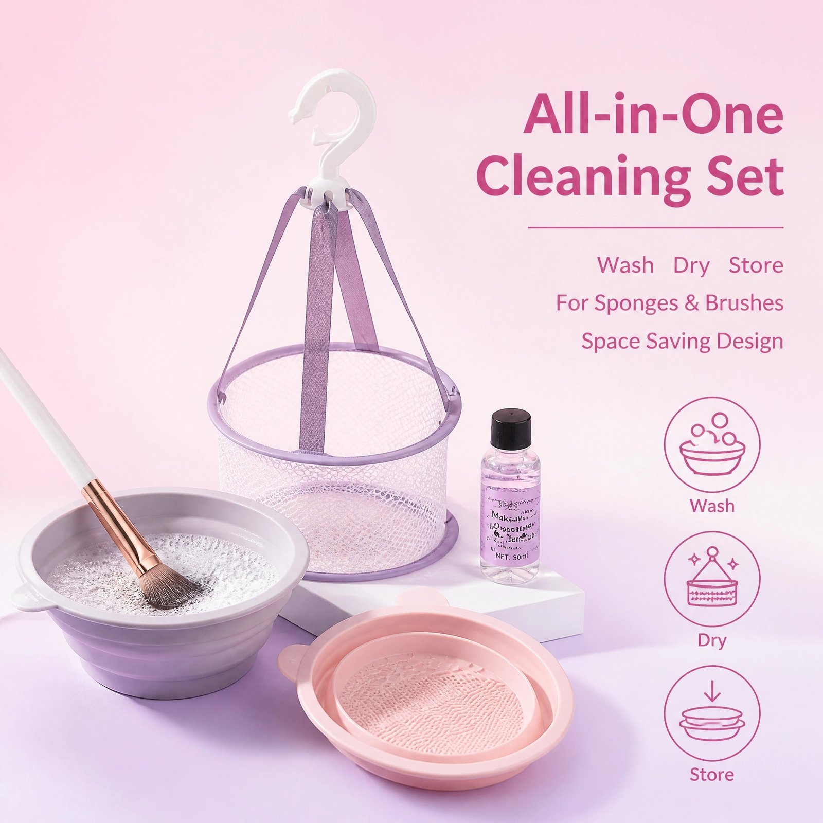 Makeup Brush & Sponge Cleaning Set — Silicone Foldable Bowl, Drying Rack & Gentle Cleanser - Image 6