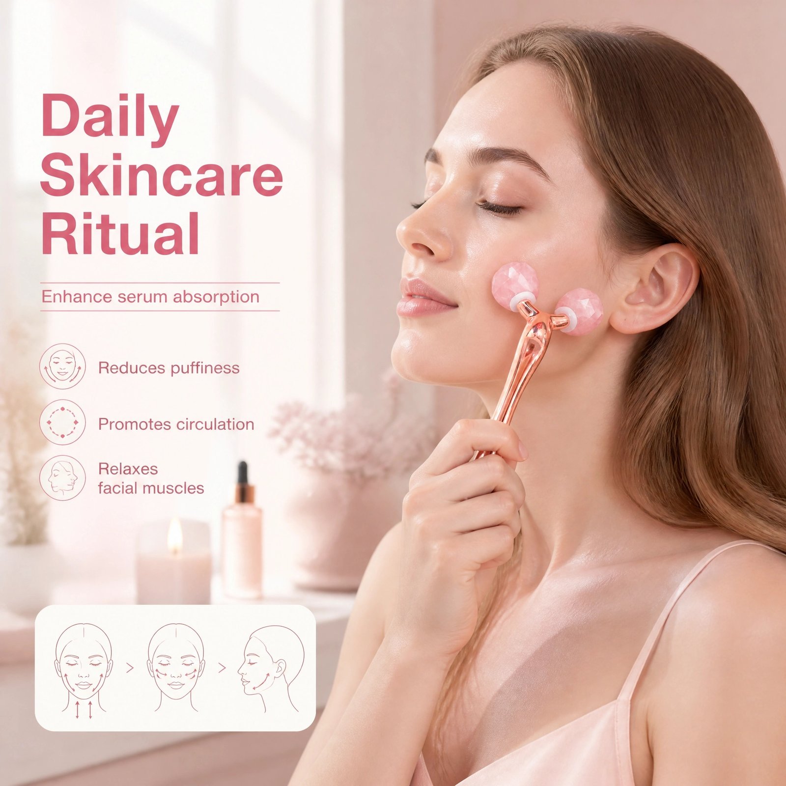 Rose Quartz Facial Roller — Dual-Roller 3D Contouring Massage for Lifting, Brightening & Relaxation - Image 3