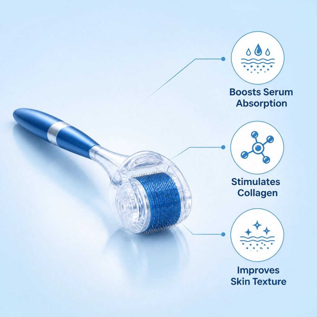 Derma Roller 0.25mm Microneedle Roller — 540 Titanium Micro-Needles for Skincare Absorption (Blue)