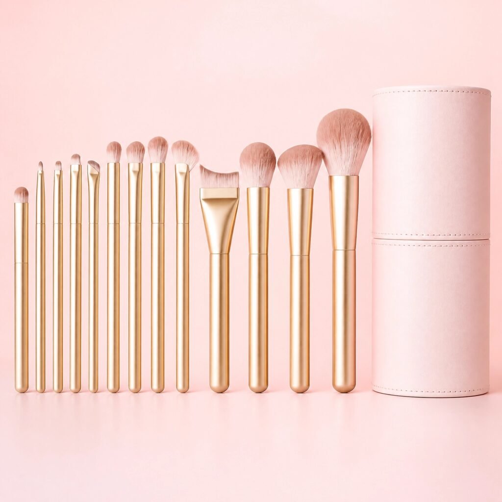 13Pcs Pink Makeup Brush Set with Storage Tube — Full-Face Kit, Soft & Gentle, Easy for Beginners