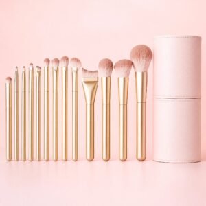 13Pcs Pink Makeup Brush Set with Storage Tube — Full-Face Kit, Soft & Gentle, Easy for Beginners